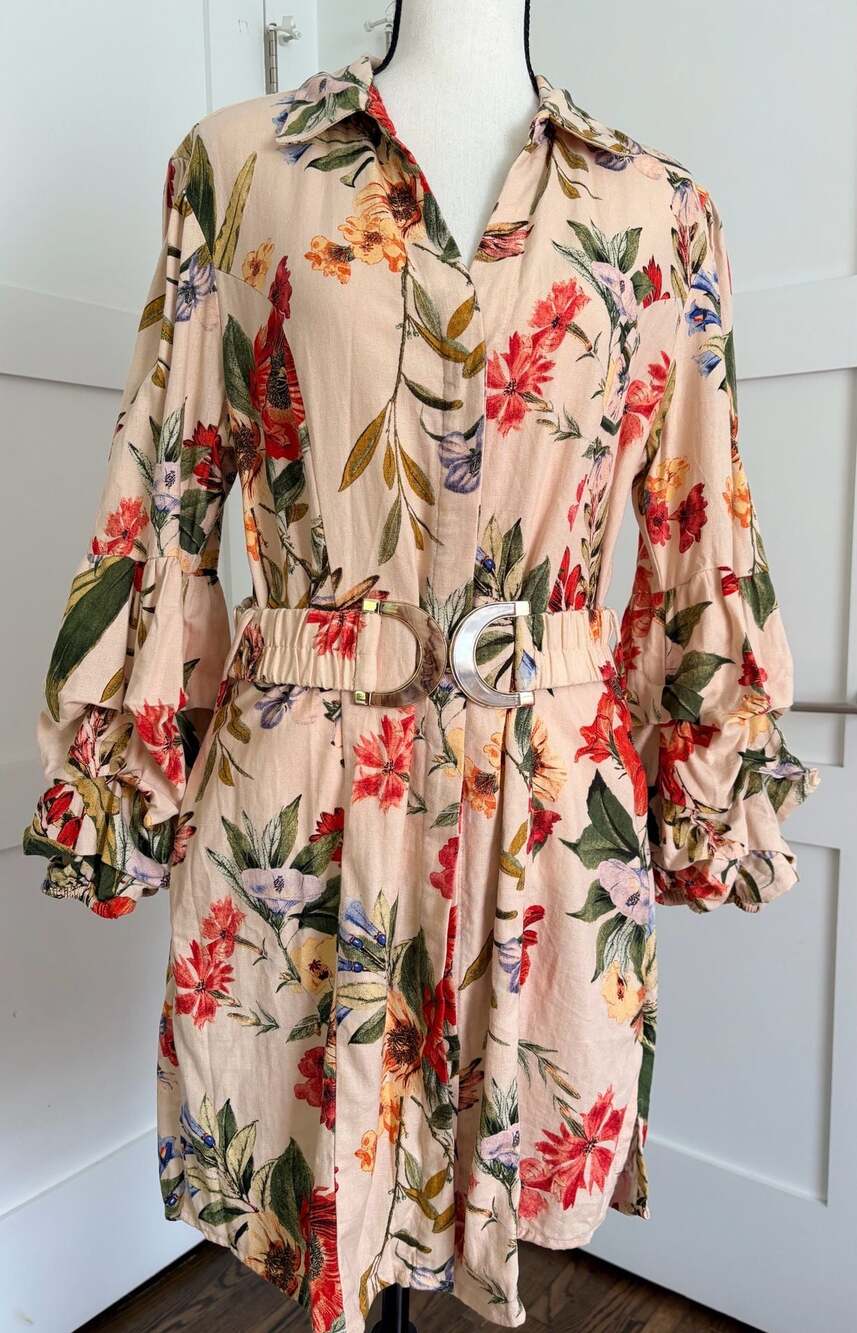Studio F Women's Floral Print Linen-Blend Long Sleeve Shirt Dress Size 12